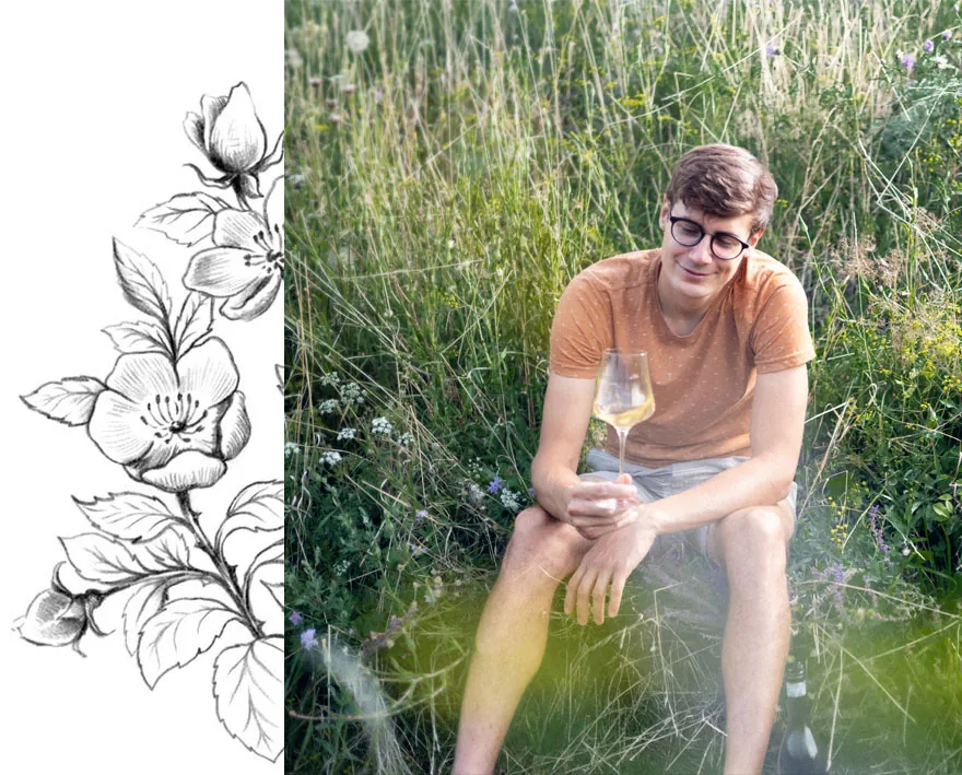 Stefan Rosner im Weingarten mit einem Glas Wein, umrahmt von einer Wildrosenzeichnung